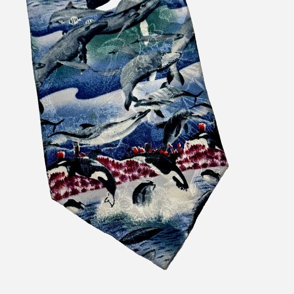 Wembley Endangered Specie Orca Silk Tie USA  Marine Life Statement Accessory VTG - Picture 3 of 6